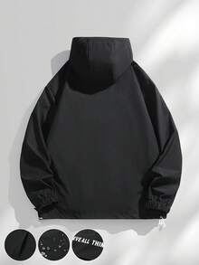 男士连帽半拉链长袖夹克，街头风，字母印花抽绳连帽半拉链大口袋宽松休闲夹克，通勤、户外、百搭，秋季必备 - 黑色 - 查看 2