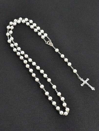 1pc Minimalist Fashion Faux Pearl Cross Rosary Long Handmade Necklace, Unisex Tassel Sweater Chain