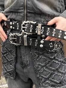 1条朋克复古铆钉腰带，哥特金属扣/朋克月亮星星扣Y2K腰带/时尚简约男士腰带/Y2K土星合金扣男士腰带/黑色皮革男士工装商务腰带，适合日常搭配休闲裤，以及秋季、万圣节、秋冬季配饰，适合青少年、青年、男士，休闲、户外、运动、度假、毕业礼物、生日、日常穿着 - 時尚 - 查看 2