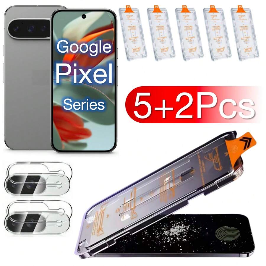 [5+2] Stück für Google Pixel 10 9 9a Pro XL 8A 8 7 7a 6a 5G Bildschirmschutz, 9H Härte gehärtetes Glas, staubfreier, blasenfreier Installationssatz, unterstützt Ultraschall-Fingerabdruck, Kameralinsen-Schutz, Bildschirmschutz-Grundlagen, geeignet für täglichen Schutz, Büro, Zuhause, Telefon-Bildschirmschutz, Handy Zubehör, wasserdicht, stoßfest, kratzfest, abriebfest, vollständige Abdeckung