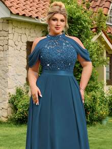 Plus Halter Neck Sequin Floral Lace Cutout Shoulder Cape Sleeve Contrast Chiffon Pleated Hem Formal Party Dress Prom Wedding Guest Gown, For Graduation, Dinner - Màu xanh bụi bặm - Xem 7