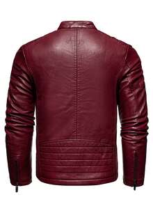 男士 PU 皮夹克，立领拼接设计摩托车夹克，时尚撞色外套 - 酒紅色 - 查看 2