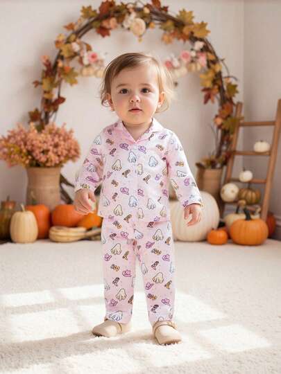 Girls Halloween Pajama Sets Long Sleeve Lapel Button Up Ghost Print Shirt Pants Sleepwear