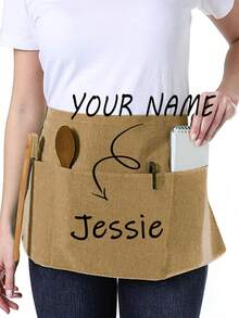 1Pc Personalized CustomUnisex Polyester Apron With 3 Pockets - Customizable Short Half Waist Waiter Work Uniform Hair Stylist Black Apron Hairdresser Beauty Salon Cosmetologist Cosmetology School Barber Gift Custom,For Kitchen, Hotel, Restaurant, Cooking, Baking, And Chef Use, Perfect For Personalized Text Or Logo, Custom Cooking Utensils With Text And Personalized Photo,Washing Gloves