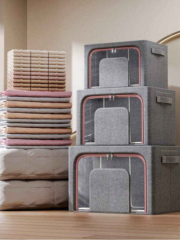 1 pièce Boîte de rangement pour vêtements, boîte de finition à cadre en acier grande capacité, boîte de rangement pour vêtements pliable, boîte de rangement pour couettes, boîte de rangement pour armoire imperméable et anti-humidité pour la chambre - organisateur de vêtements et de literie spacieux et anti-poussière pour une gestion efficace de l'espace à la maison et en dortoir