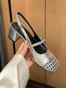 Xin Jing Shoes 女士编织圆头带粗跟穆勒鞋，休闲及办公场合皆宜，优雅玛丽珍鞋款，派对必备 - 銀色 - 查看 8