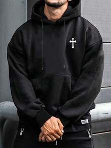 Sudadera con capucha casual y sencilla para hombres con estampado de cruz y cordón, perfecta para volver a la escuela y usar en otoño/invierno, el mejor regalo para tu novio. - Negro - Ver 1