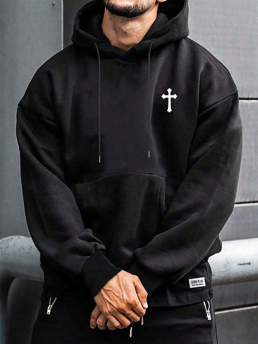 Sudadera con capucha casual y sencilla para hombres con estampado de cruz y cordón, perfecta para volver a la escuela y usar en otoño/invierno, el mejor regalo para tu novio. - Negro - Ver 1