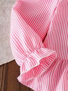 2pcs Baby Girl Fashion Cute Floral Ruffle Decor Multi Bow Accent Striped Collar Casual Long Sleeve Shirt Blouse & Butterfly Embellished Fringe Waistband Jeans Pants Set - Pink - View 7