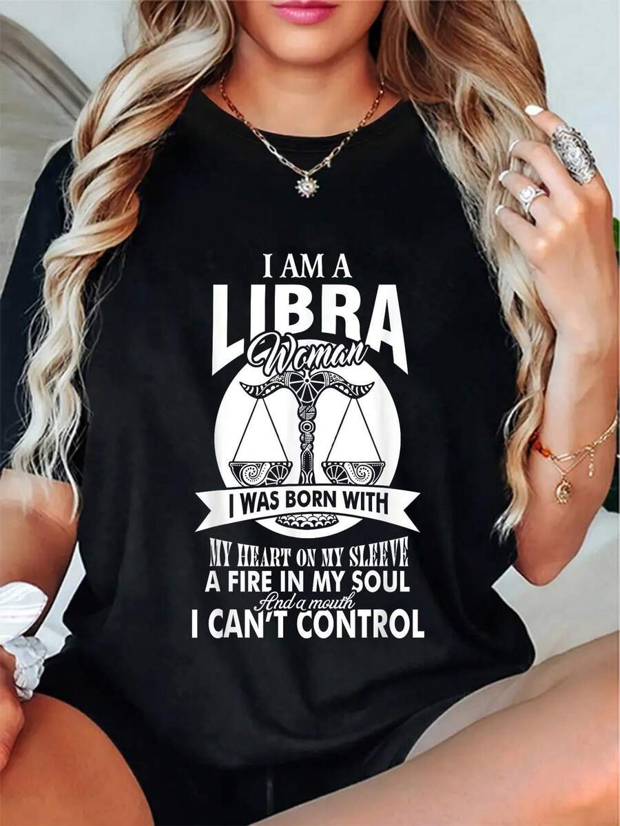 Soft Libra Zodiac T-Shirt For Women - 'I'm A Libra Woman - Was Born With My Heart On My Sleeve' |   Short Sleeve, Crew Neck, Casual Fit, Machine Washable, Casual Wear |   Bold Print, Durable, Slight Stretch Fabric - 黑色 - 查看 1