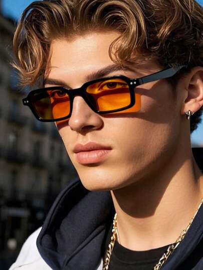 1 件装新款窄框复古男士眼镜，朋克街头风格休闲装饰眼镜，纯色