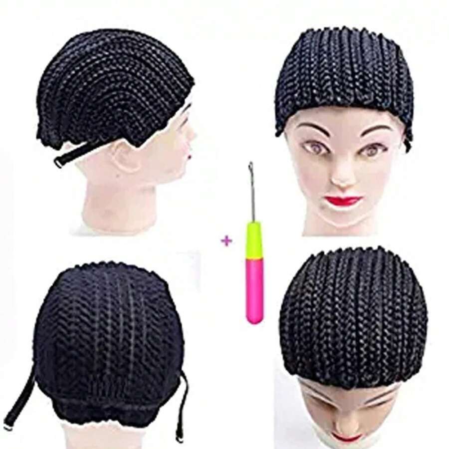 1 pieza de gorro de red de ganchillo negro, gorro de peluca de ganchillo, gorro de cornrow trenzado transpirable con banda ajustable para una fácil costura en gorro de peluca tejido - L (51-51,5 cm) - Ver 1