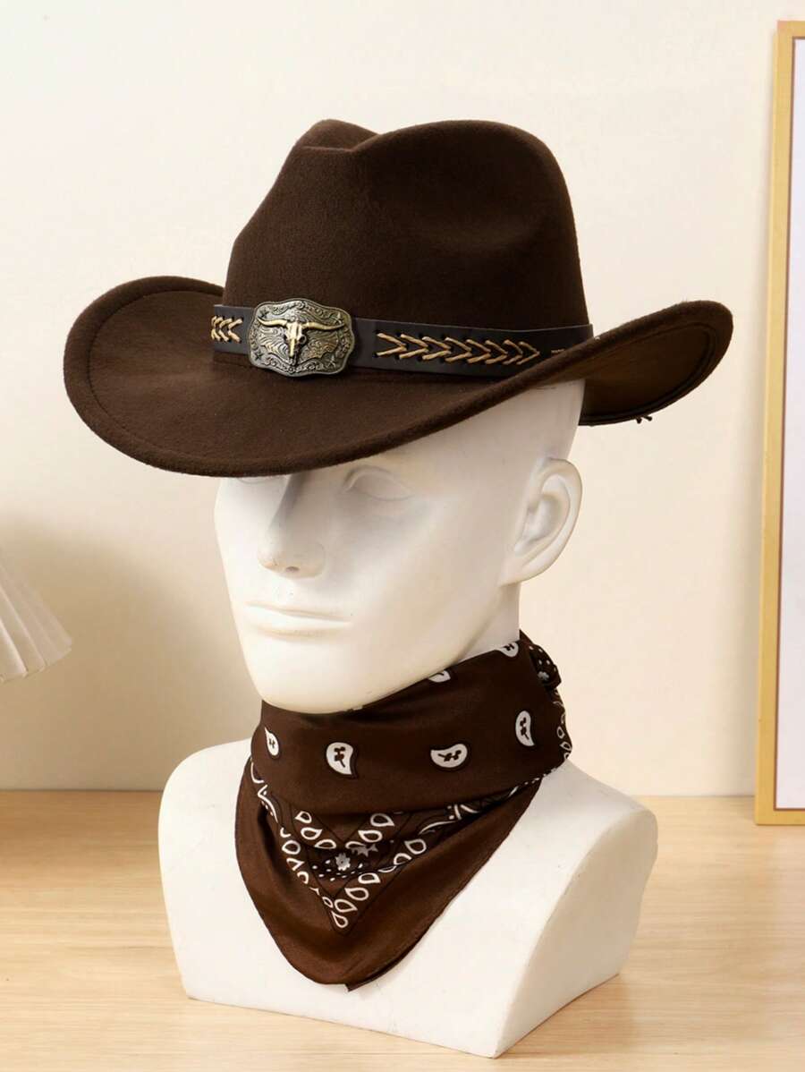 1 Set Unisex Cowboy Hat With Bull Horn Decor + 1 Cashew Pattern Scarf Fashion Outfit, Suitable For Horse Riding, Rodeo, Music Festivals, Bar Parties, As Gifts And Daily Use