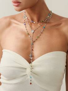 3pcs/Set Elegant Cross Rhinestone Pendant Necklace Set, Suitable For Women's Daily Wear