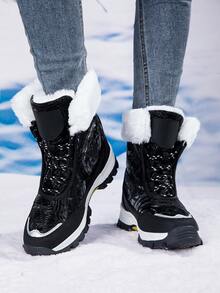女款冬季戶外雪地靴，加厚中筒保暖雪靴，中筒冬季靴 - 黑色 - 查看 6