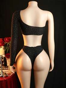 [Sensual Bodysuit] Glamorous Black Mesh Bodysuit With Rhinestone Details | Hollowed-Out Long Sleeve Lingerie For Women, Erotic One-Piece Costume, Hand Washable, High Cut Design, Special Occasions - 黑色 - 查看 2