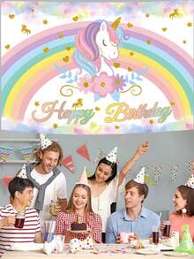 1pc Rainbow Unicorn Birthday Polyester Banner 100x150cm | Waterproof Background Cloth For Unicorn Theme Party Decor | Indoor Outdoor Fence Hanging Fabric | Wall Decor Cake Table Backdrop - Pink - View 6