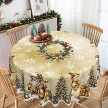 1 pieza Mantel de poliéster con tema navideño, diámetro redondo de 145cm (57.08 pulgadas), rectangular de 140x180cm (55.11 pulgadas x 70.87 pulgadas), mantel redondo de poliéster dorado con diseño de muñeco de nieve, Papá Noel y árbol de Navidad dorado, mantel para mesa de comedor, decoración navideña, decoración para reuniones y fiestas navideñas en el hogar.