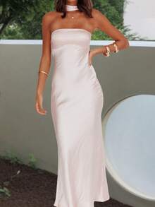 Summer Dresses For Women Vintage Maxi Dress Elegant Bodycon Dress Stylish Solid Color Satin Long Dress Fashionable Open Back Strapless Sleeveless Party Dress Cocktail Party Dress Daily Clothes Streetwear Aesthetic Clothes - 粉色 - 查看 1