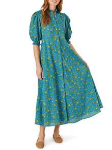 Women's Green Small Flower Pattern Long Shirt Dress, Lapel, Puff Sleeve,Buttons Down, Side Pockets, A-Line Dress, Casual And Elegant, Suitable For Daily Life And Parties - 墨綠色 - 查看 1