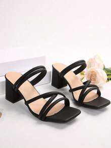 Women's Black Square Toe Slip-On Chunky Heel Sandals, Casual, Minimalist, Elegant, Versatile High Heel Sandals For Daily Wear - Black - View 5