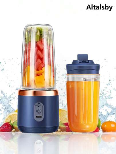 1 pieza Exprimidor eléctrico inalámbrico portátil de 400ml, exprimidor de frutas mini recargable por USB-C con 6 cuchillas y doble vaso, licuadora multifunción ideal para extraer verduras, frutas y hacer batidos
