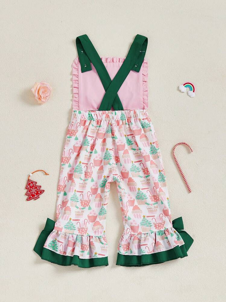 Baby Girls Christmas Overalls Tree Embroidery Print Sleeveless Jumpsuit Suspender Pants For Kids Toddler - 彩色 - 查看 7