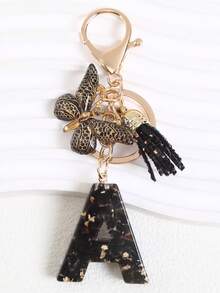 1PC Girl Backpack Charm Accessories Tassel Butterfly Glitter Crystal Wallet Car Keychain Initial Letter Keychain Gift - Black - View 8