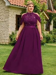 Đầm dạ hội cỡ lớn bằng chiffon đính sequin, ren hoa, khoét vai, thích hợp cho dạ hội, lễ tốt nghiệp, đám cưới, tiệc sinh nhật mùa hè thanh lịch. - Màu Tím - Xem 6