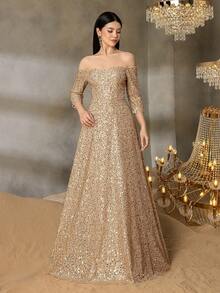 Alisa&Leo Teen Off-Shoulder Sequin Evening Gown With Three-Quarter Sleeves & Flowy A-Line Silhouette | Sparkling Formal Dress For Gala Dinners, Red Carpet Events, Graduation Balls, Black-Tie Weddings, And Award Ceremonies - 香檳色 - 查看 3
