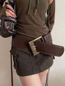 女士棕色 PU 材质宽扣复古风格腰带，凸显腰身，修身优雅万圣节夏季、学校秋季、秋季、万圣节