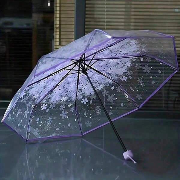 1/2 piezas Paraguas plegable elegante y transparente con patrón de flores de cerezo, adecuado para días soleados y lluviosos