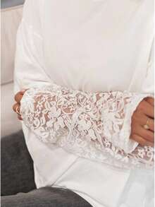 女士休闲蕾丝拼接长袖T恤，适合日常穿着、聚会、通勤、办公、返校、音乐节等场合，春、夏、秋季皆宜，白色 - 白色 - 查看 8