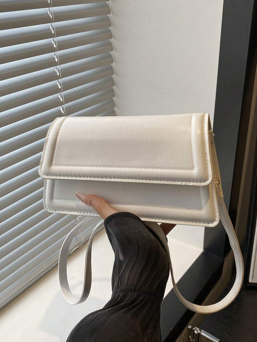 New Fashion Women's Handbag, Solid Color Fabric Material, Large Capacity Square Bag, Simple Stylish Versatile Elegant Shoulder Bag With Detachable Adjustable Strap - White - View 1