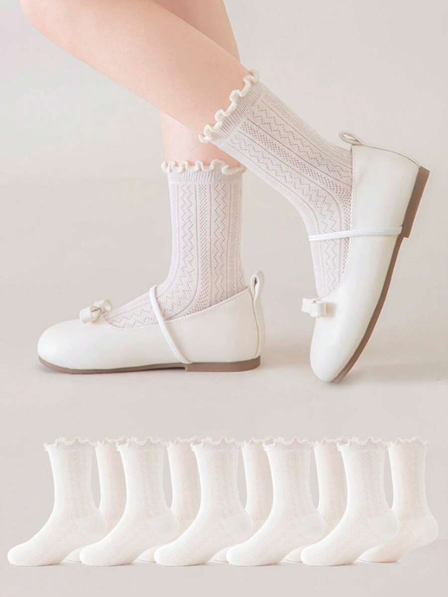 5 Pairs White Lace Breathable Cartoon Sweet Skin-Friendly Comfortable Soft Mid-Calf Socks For Home, School, Outdoor Sports