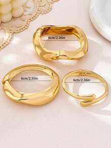3pcs/1set Minimalist Fashion Gold Geometric Wave Asymmetrical Teardrop Bangle Bracelet Set, Suitable For Women, Thick Smooth Texture Heavy Metal And Zinc Alloy Material