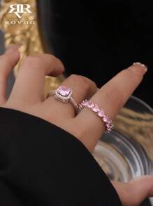 2pcs Elegant Geometric Square Pink Heart Sparkling Cubic Zirconia Unique Elegant Party, Holiday, Wedding Wear Open Copper Ring Set For Women