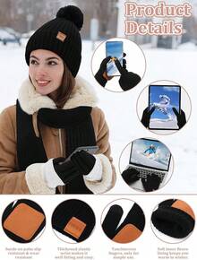 Halloween Decor Winter Beanie Hat Scarf Gloves Set, Fleece Lined Beanie Pom Long Scarf Neck Warmer Touchscreen Gloves Women Men - 黑色 - 查看 10