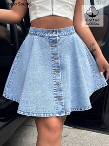 Mobula Sound Casual Fashion Elegant Loose A-Line Denim Skirt, Suitable For Summer Music Festival, Vacation, For Women - Blue - View 1