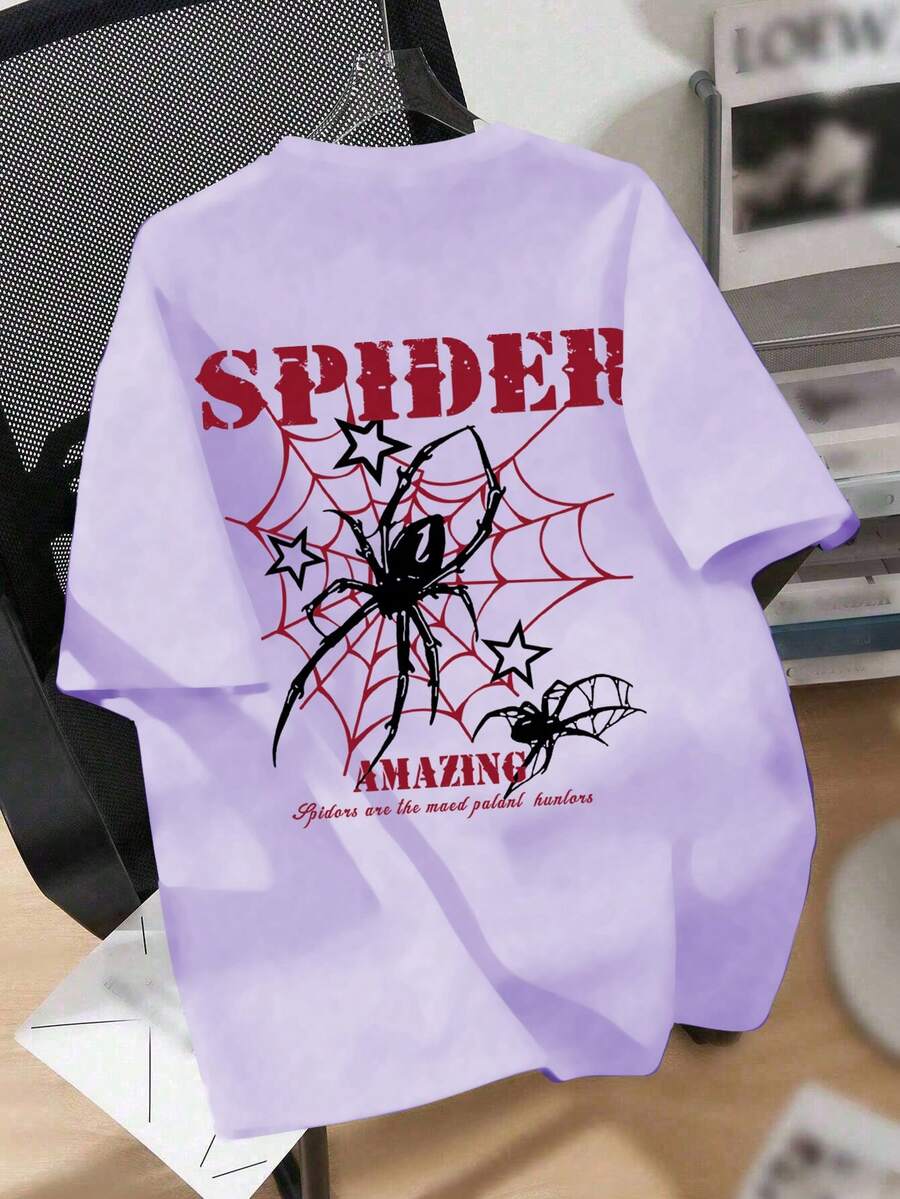 Cartoon Spider Print Round Neck T-Shirt, Casual Soft Top For Summer - Purple - View 1