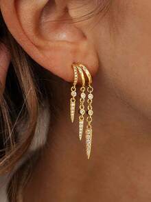 14K镀金吊坠耳环，学院风圣诞礼物，精致三吊坠耳环，低过敏性耳环，时尚配饰 - 金色 - 查看 4