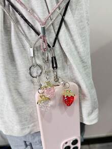 1 pieza Collar largo con colgante de fresa, cordón colgante de teléfono con doble hebilla brillante para mujeres, minimalista y de moda, anti-pérdida y anti-caída, viene con almohadilla