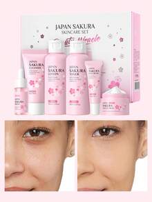 1套6件裝 明亮膚色LAIKOU日本櫻花護膚套裝，深層滋養護膚禮盒 面部精華液17ml+眼霜15g+爽膚水100ml+乳液100ml+潔面乳50g+面霜25g 女性抗衰老護膚品，適用於母親、妻子、姐妹、少女、女友，SPA婚禮禮品 - 粉色 - 查看 3