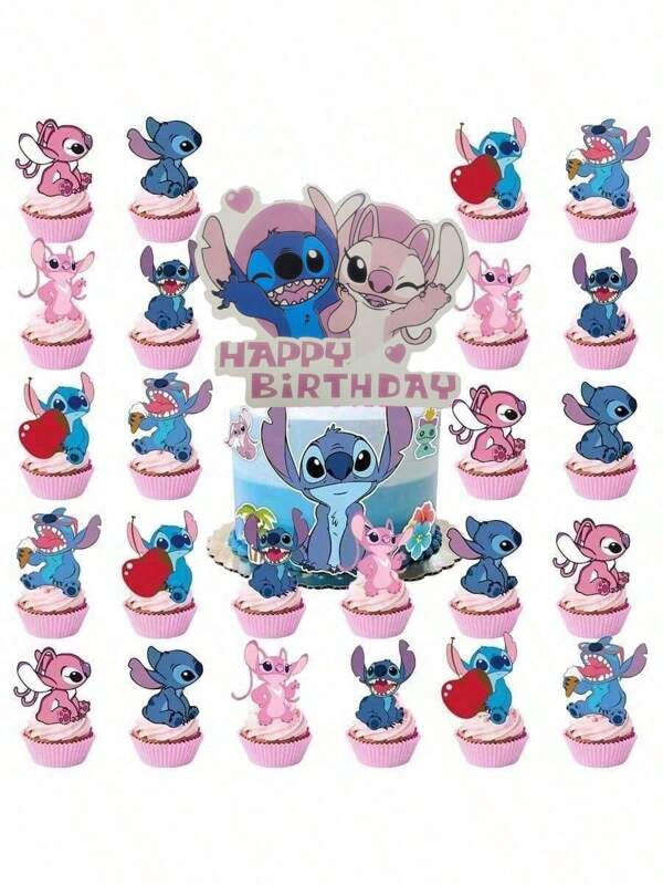 Disney 25pcs Disney Stitch Series Birthday Party Family Party Cake Decoration Large Row Insertion Small Row Insertion Set