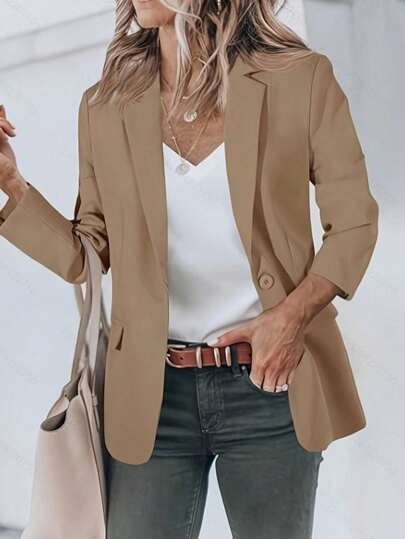 Khaki Cropped Sleeve Blazer, Vintage Elegant Casual Slim-Fit Plus-Size Women's Office Blazer