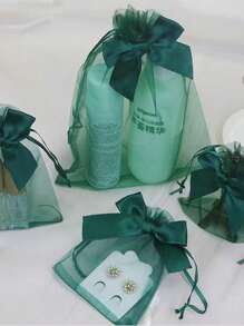 20 件蝴蝶结透明硬质薄纱袋，深绿色蝴蝶结透明软质薄纱袋，3.9x4.7 英寸珠宝袋，玫瑰抽绳袋，婚礼礼品袋，绿色派对礼品袋，圣诞节小礼品袋，返校、生日礼物，房间整理