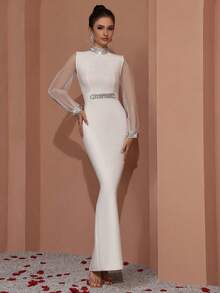 Elegantes, handgefertigtes Strass- und glänzendes Diamant-Dekor Organza Langarm Slim Bandage Kleid, geeignet für Dates, Singles-Partys, Partys, Tanzen, Abschlussfeiern, Abendveranstaltungen, Hochzeiten, formelle Anlässe, Abendkleider