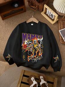 青少年男孩篮球印花圆领卫衣，休闲舒适，秋冬时尚可爱 - 黑色 - 查看 1