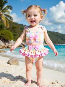 3 Peças Conjunto de Roupa para Bebê Menina: Regata com Estampa Floral de Morango Tecida com Decoração de Laço, Vestido com Babados em Camadas de Cintura Elástica e Chapéu, Uso Diário de Verão - Multicolorido - Visão 10