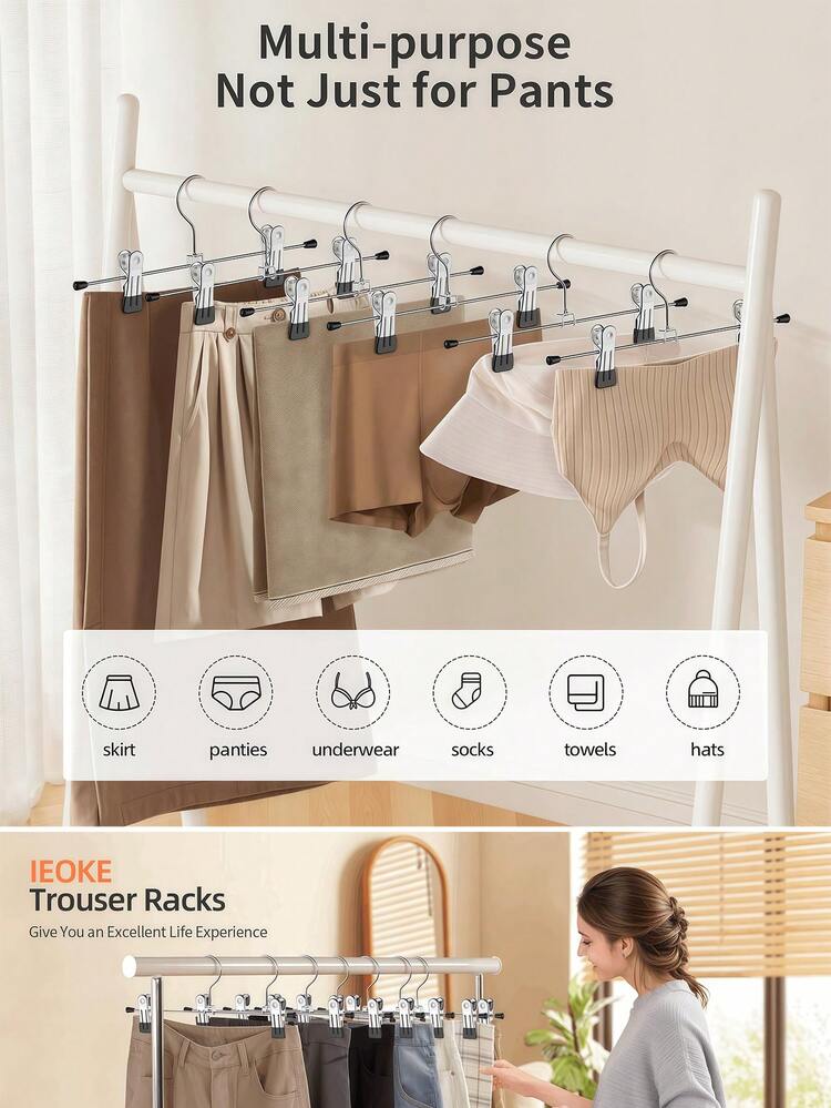 1pc, 10PCS, 20PCS, 30PCS Metal Trouser Racks With Adjustable Clips, Anti-Slip Multi-Functional Organizer, Space-Saving Pants Hangers, Trouser Racks, Skirt Racks With Clips, Metal Shorts Clips, Suitable For Shorts Durable, Ultra-Thin, Space-Saving - Black - View 4